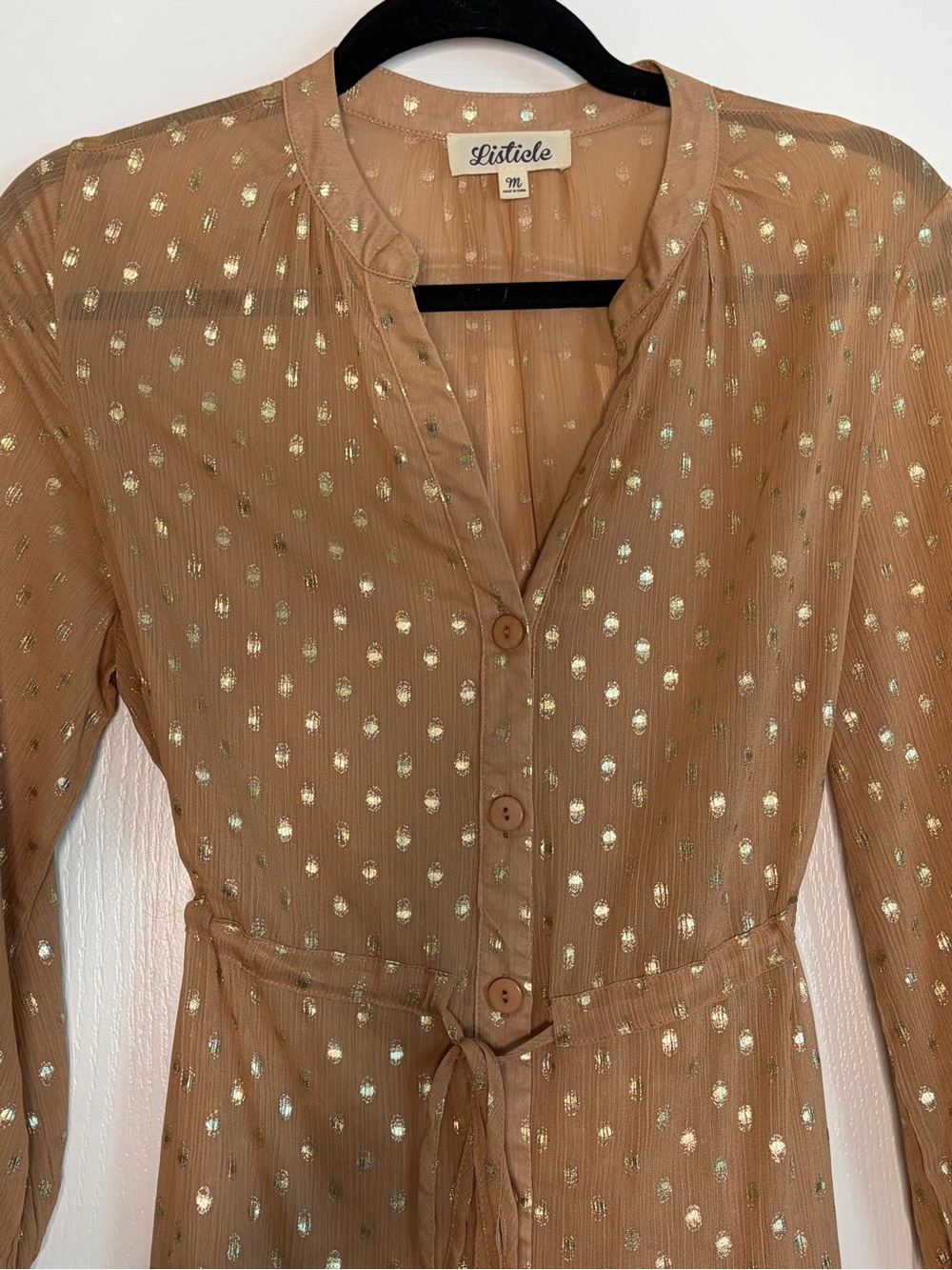Tan and Metallic Gold Dot Tired Listicle Midi Dress - Picture 3 of 8
